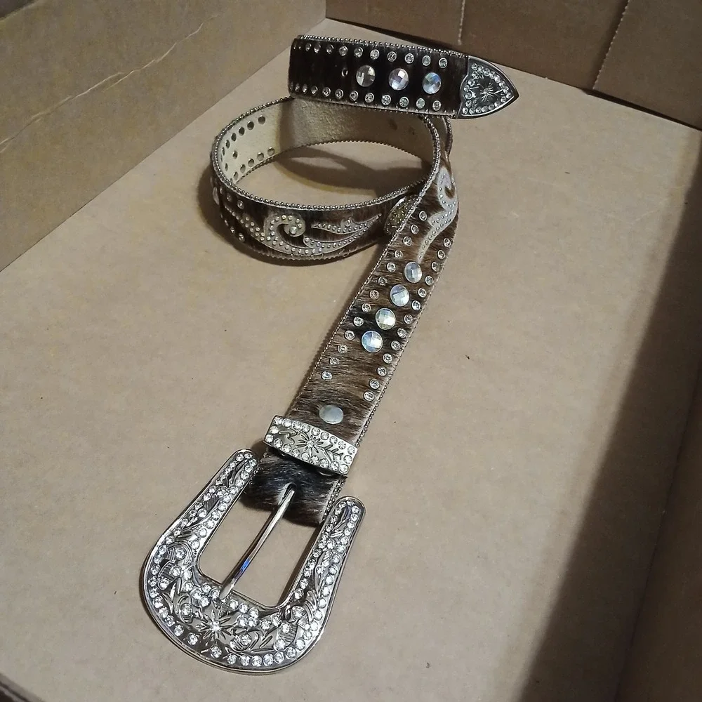 Nocona Women Hair-on Crystal Swirl Rhinestone Cowboy Belt 37" Brown Black - Picture 2 of 6